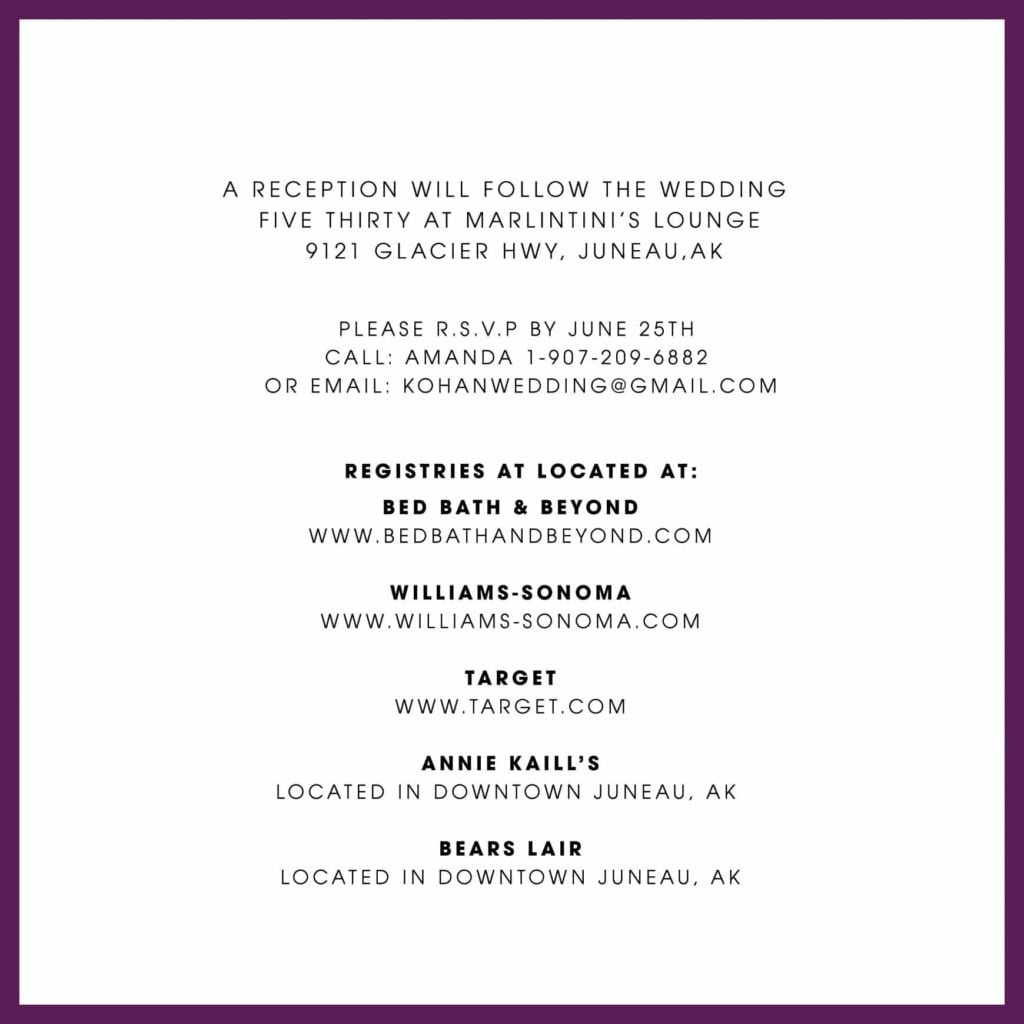 Square card with reception and registry details, framed in purple.