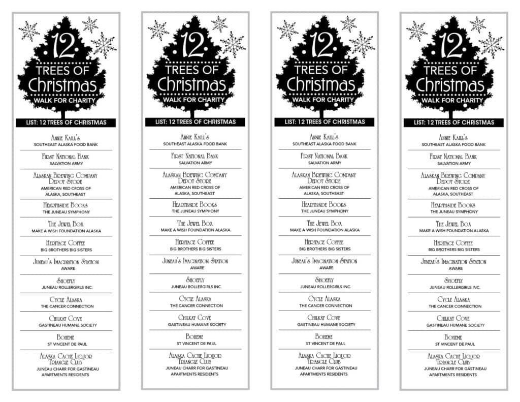 Sheet of four narrow handouts, each with the tree logo and a list of twelve trees.