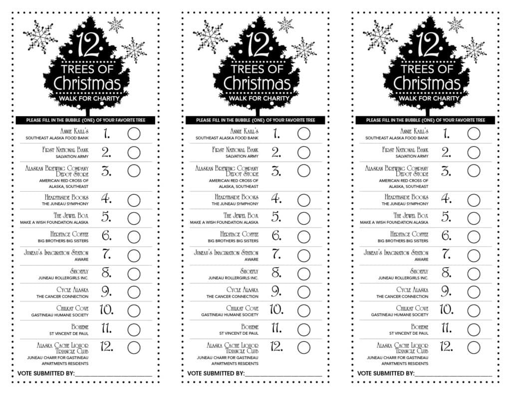 Sheet of three ballots, each with the tree logo and twelve numbered choices.