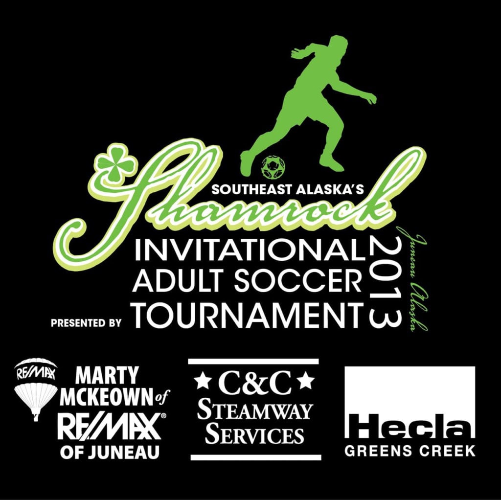 Black shirt design for the 2013 Shamrock Invitational adult soccer tournament, with sponsor logos.