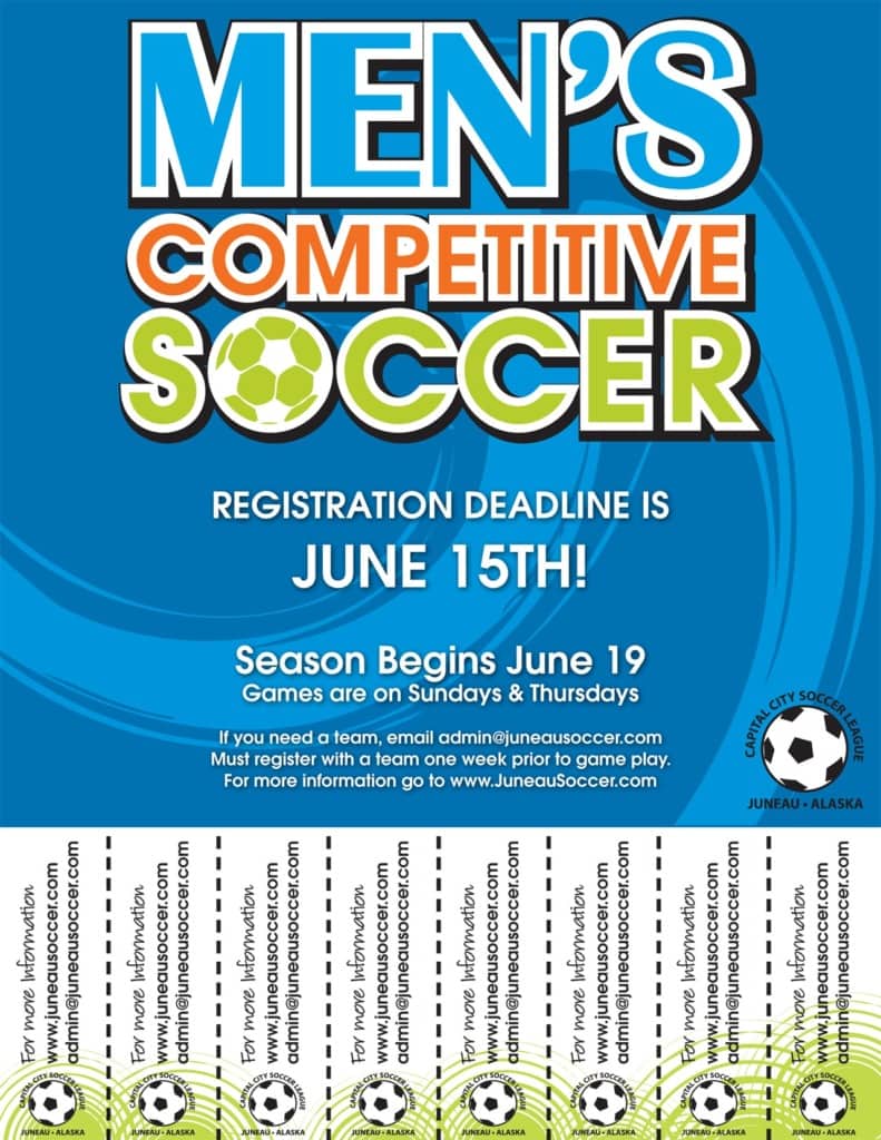 Blue poster for men's competitive soccer registration, with tear-off tabs along the bottom.