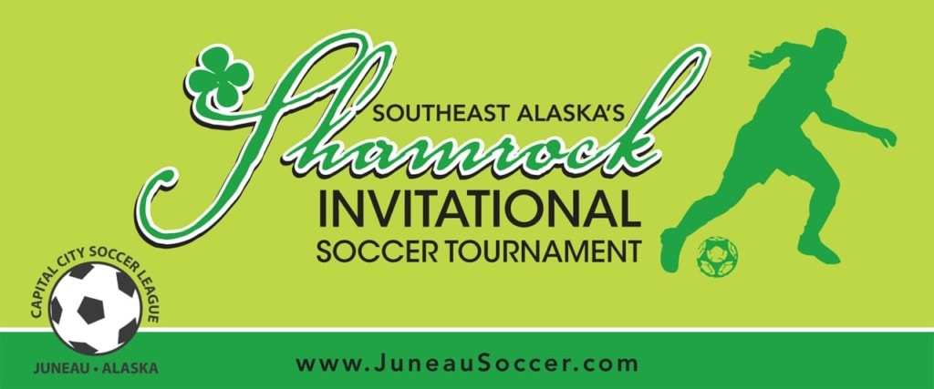Green banner reading Southeast Alaska's Shamrock Invitational Soccer Tournament, with a player silhouette.