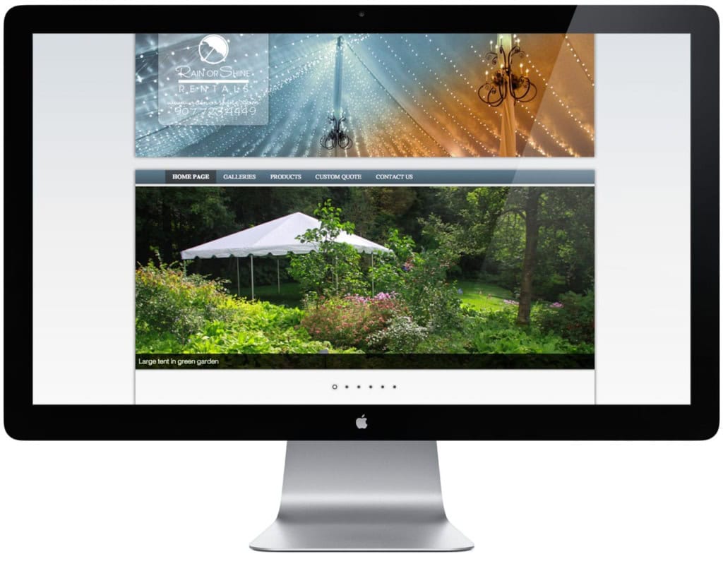 Rain or Shine Rentals website on a desktop monitor, with an outdoor tent photo in the header.