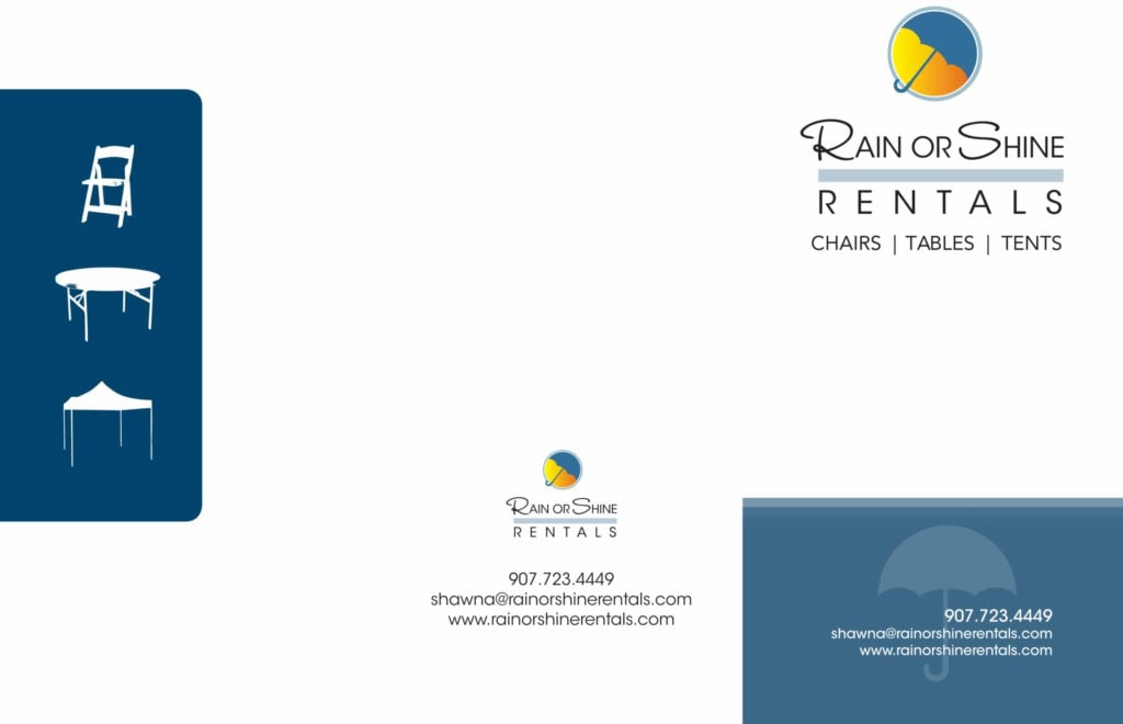 Outside of a tri-fold brochure with the Rain or Shine logo and blue panels.