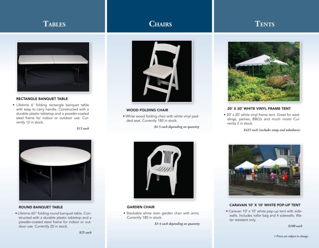 Inside of a tri-fold brochure showing tables, chairs and tents with photos and descriptions.