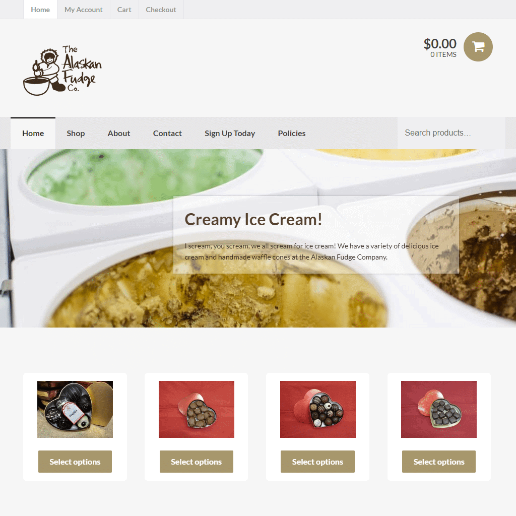 Delicious handmade Alaskan Fudge Company ice cream with variety of flavors and toppings.
