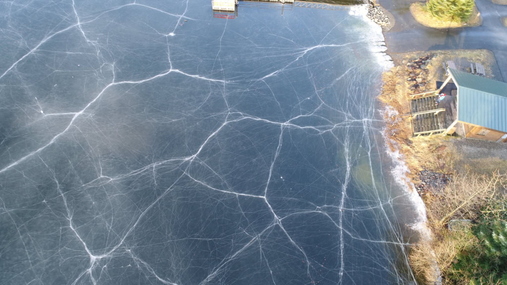 Pattern of white cracks in dark lake ice