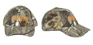 Camouflage baseball cap with an orange embroidered Alaskan Brewing Co. logo, shown from front and side.