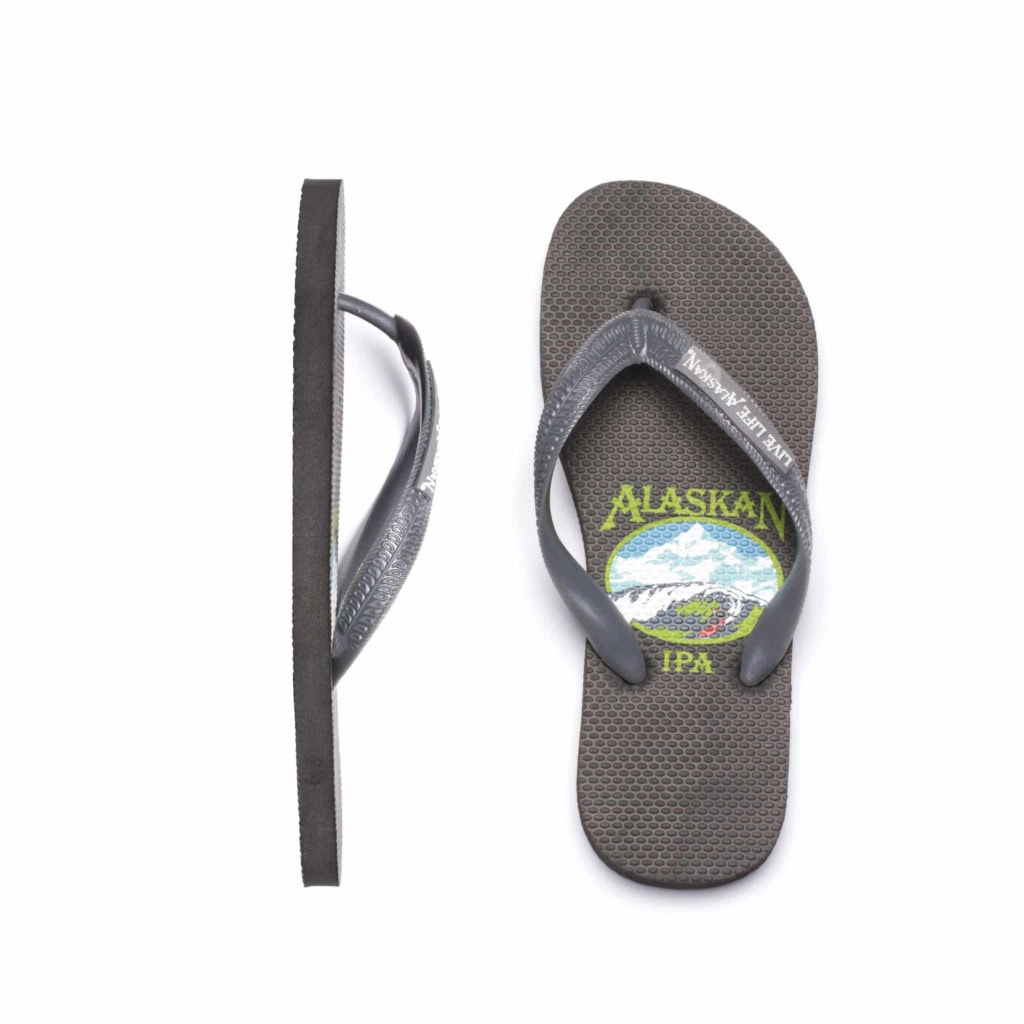 Alaskan IPA flip-flop shown in side profile and from above, label art on the footbed, white background.