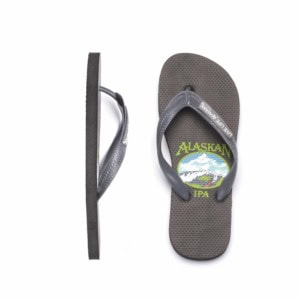 Alaskan IPA flip-flop shown in side profile and from above, label art on the footbed, white background.
