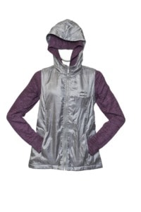 Silver hooded zip vest with an embroidered Alaskan logo over a purple long-sleeve top, on a mannequin.
