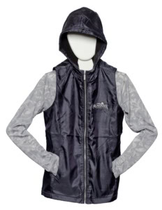 Black hooded zip vest with an embroidered Alaskan logo over a gray patterned long-sleeve top, on a mannequin.