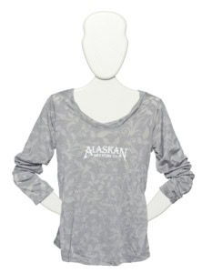 Gray long-sleeve top with a tonal leaf and vine pattern and a white Alaskan Brewing Co. logo, on a mannequin.