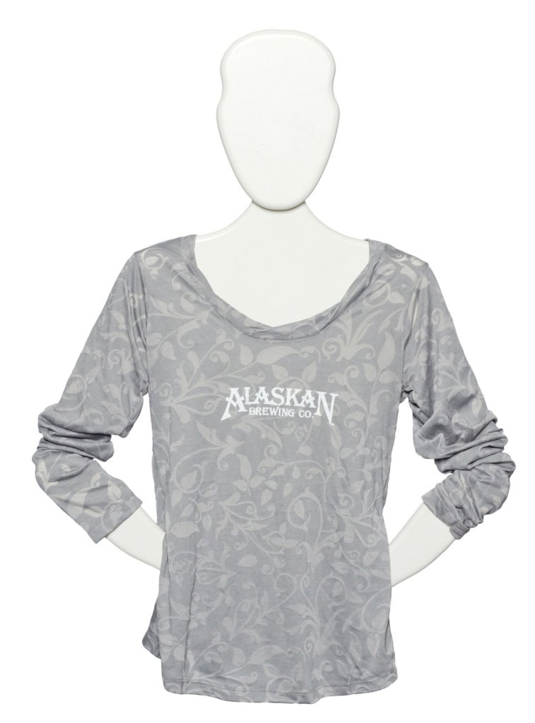 Gray long-sleeve top with a tonal leaf and vine pattern and a white Alaskan Brewing Co. logo, on a mannequin.