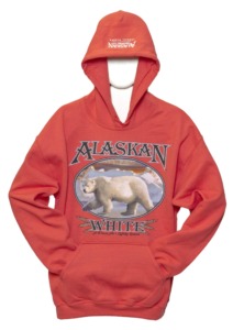 Coral Alaskan White hoodie with a polar bear illustration on the chest, displayed on a white mannequin.