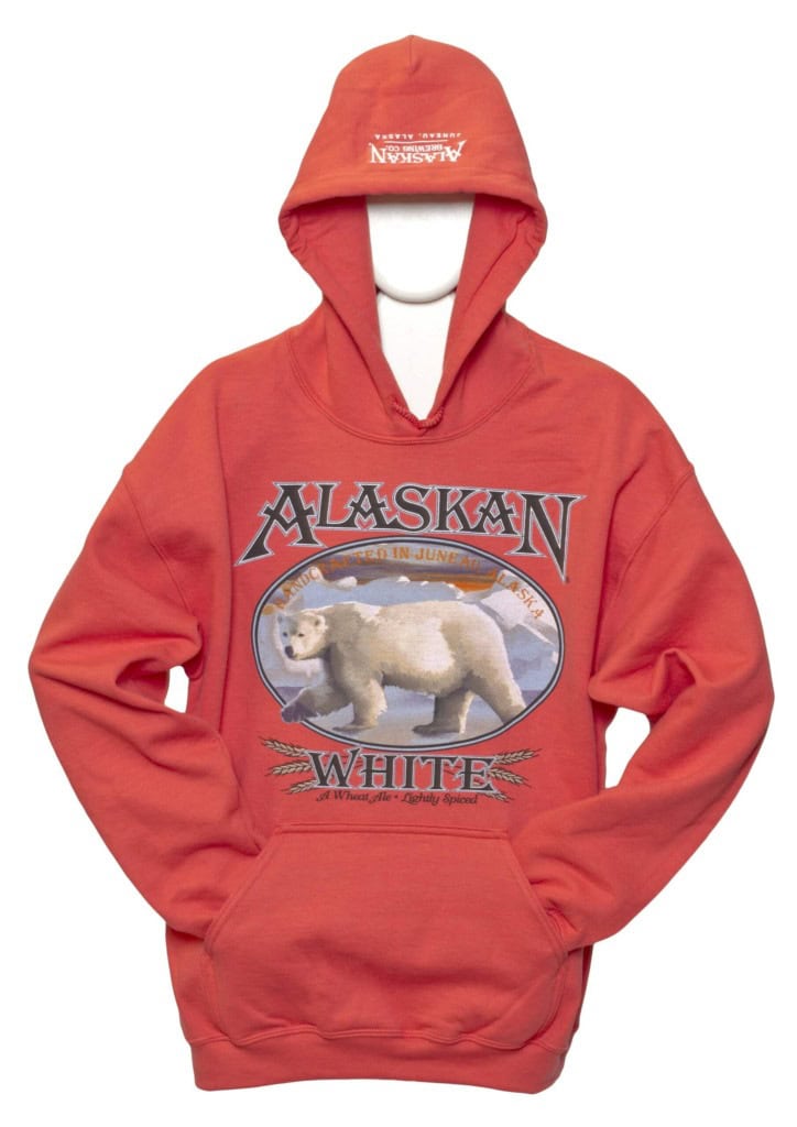 Coral Alaskan White hoodie with a polar bear illustration on the chest, displayed on a white mannequin.