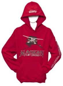 Red Alaskan Pilot Series hoodie with a floatplane over a map of Alaska, displayed on a white mannequin.