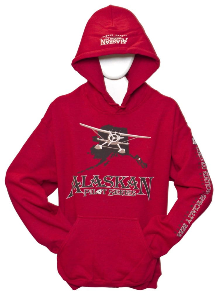 Red Alaskan Pilot Series hoodie with a floatplane over a map of Alaska, displayed on a white mannequin.