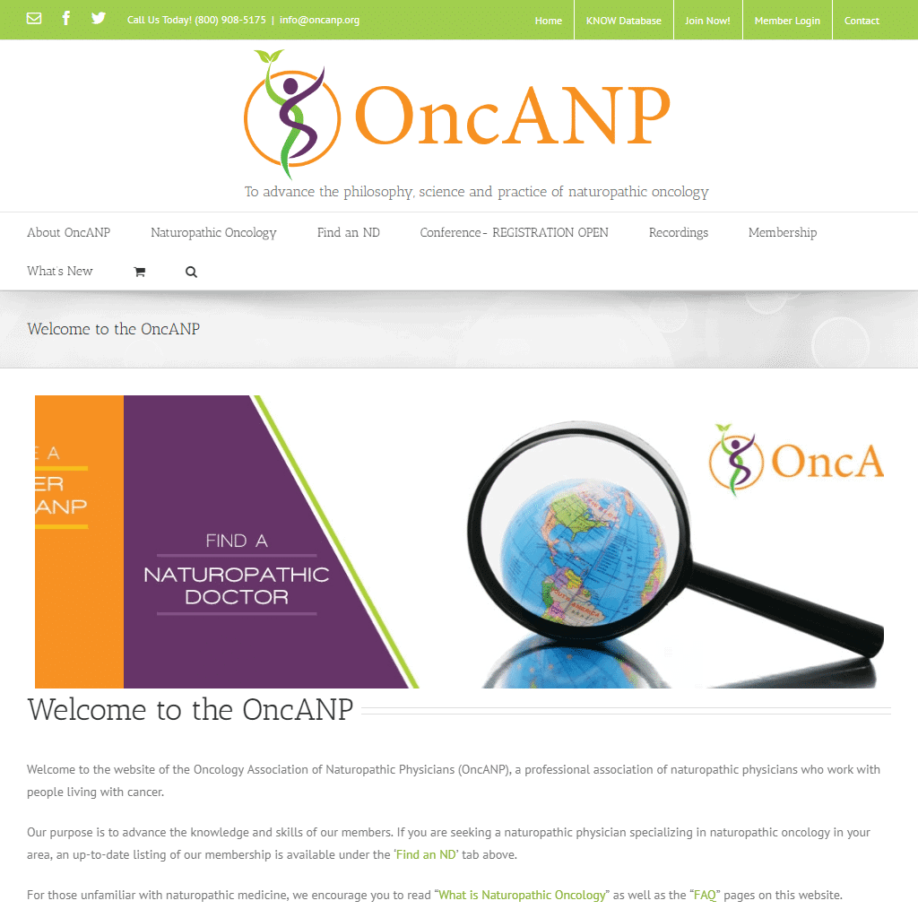 Naturopathic oncology logo featuring globe and magnifying glass for health-focused SEO.