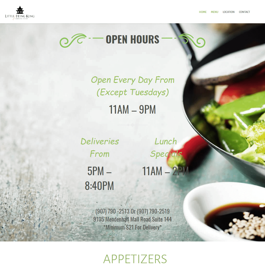 Authentic Hong Kong cuisine restaurant open daily, except Tuesdays, from 11AM to 9PM.