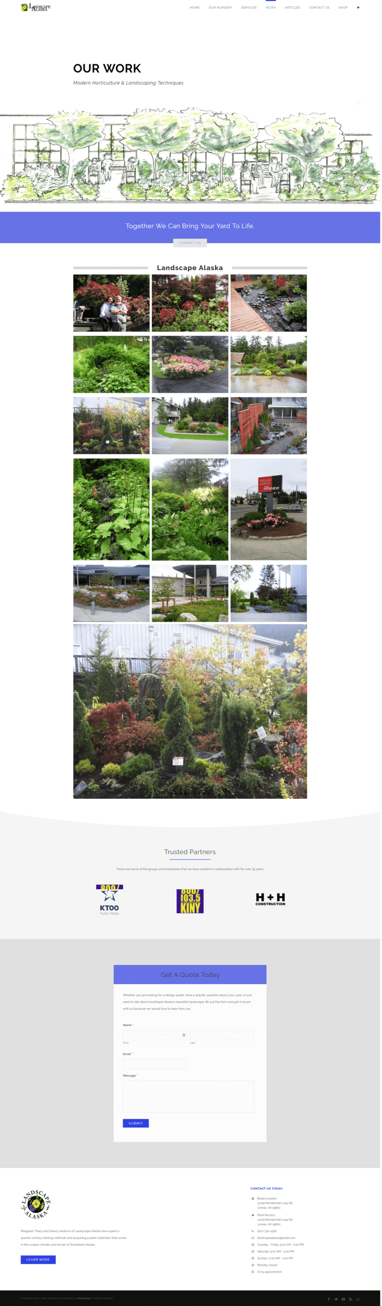 Bright, lush yard landscaping in Alaska showcasing trees, shrubs, and garden beds.