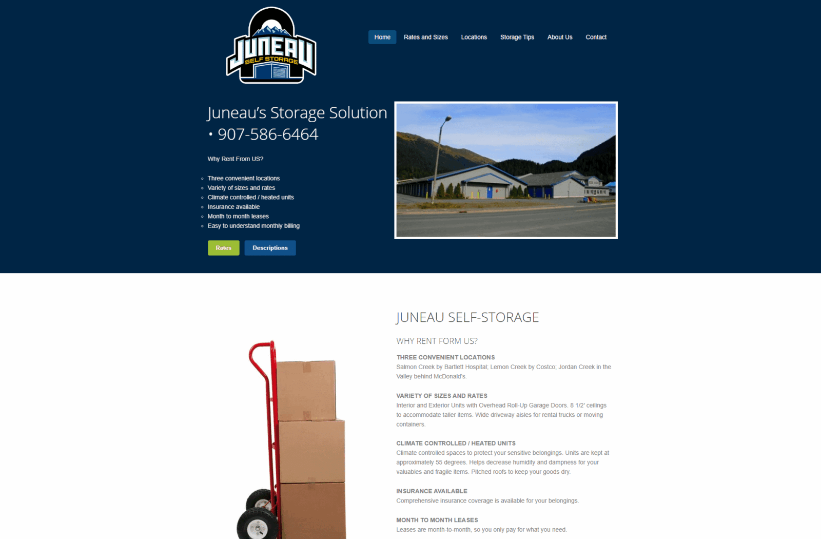 Juneau Self Storage website before