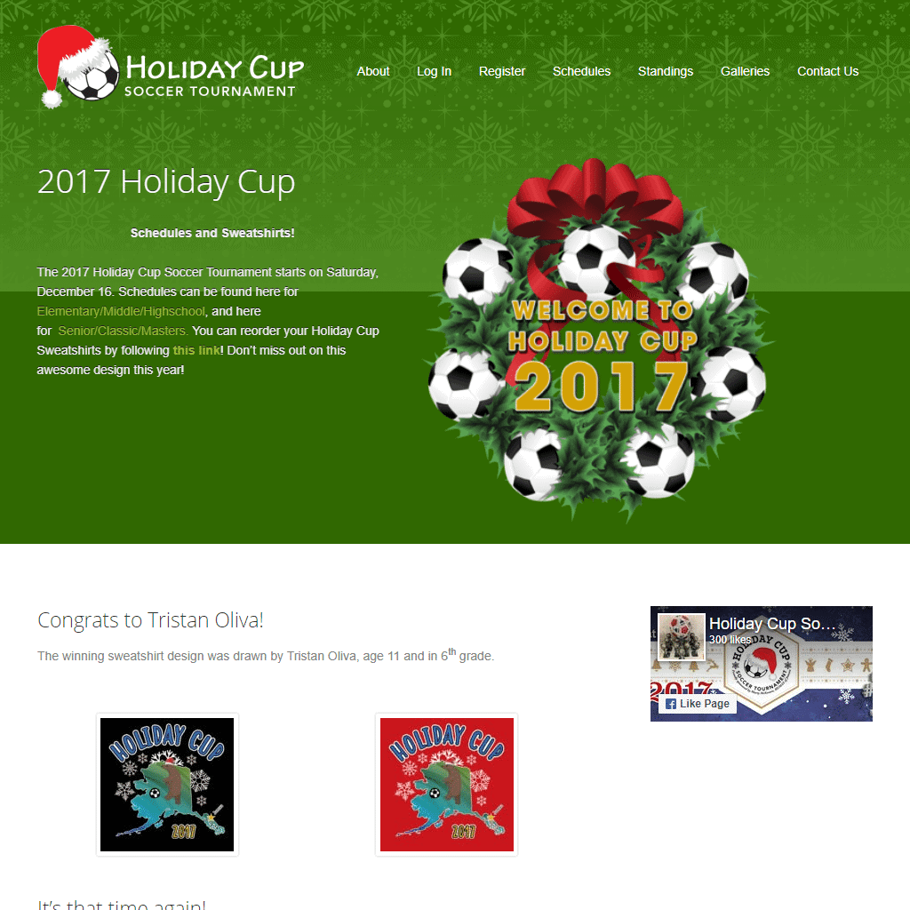 Soccer tournament holiday shirts and schedules. Custom designs for all ages, register now for 2017 event.