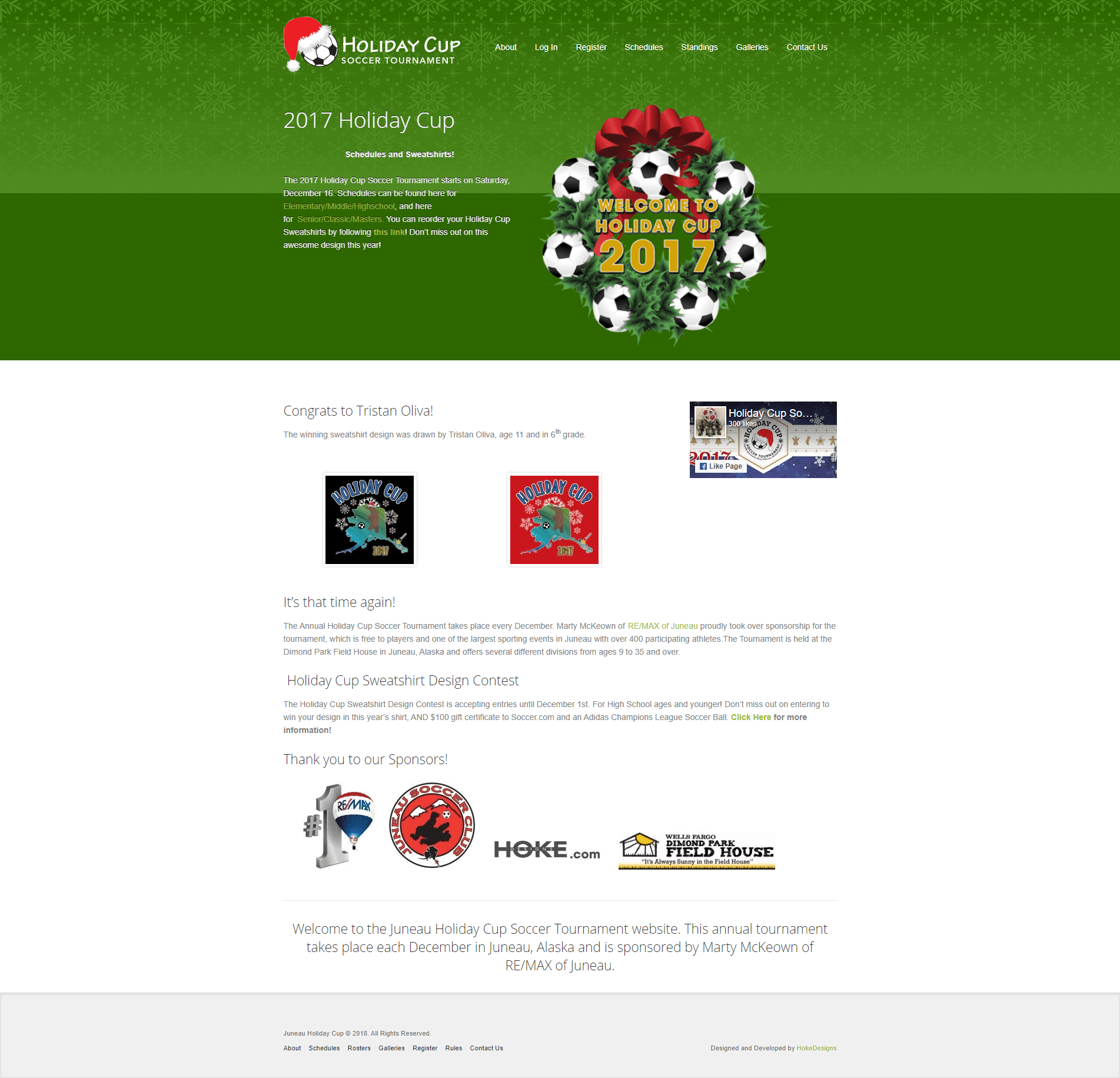 Festive holiday soccer logo featuring a wreath, soccer balls, and a red bow for 2017 event.