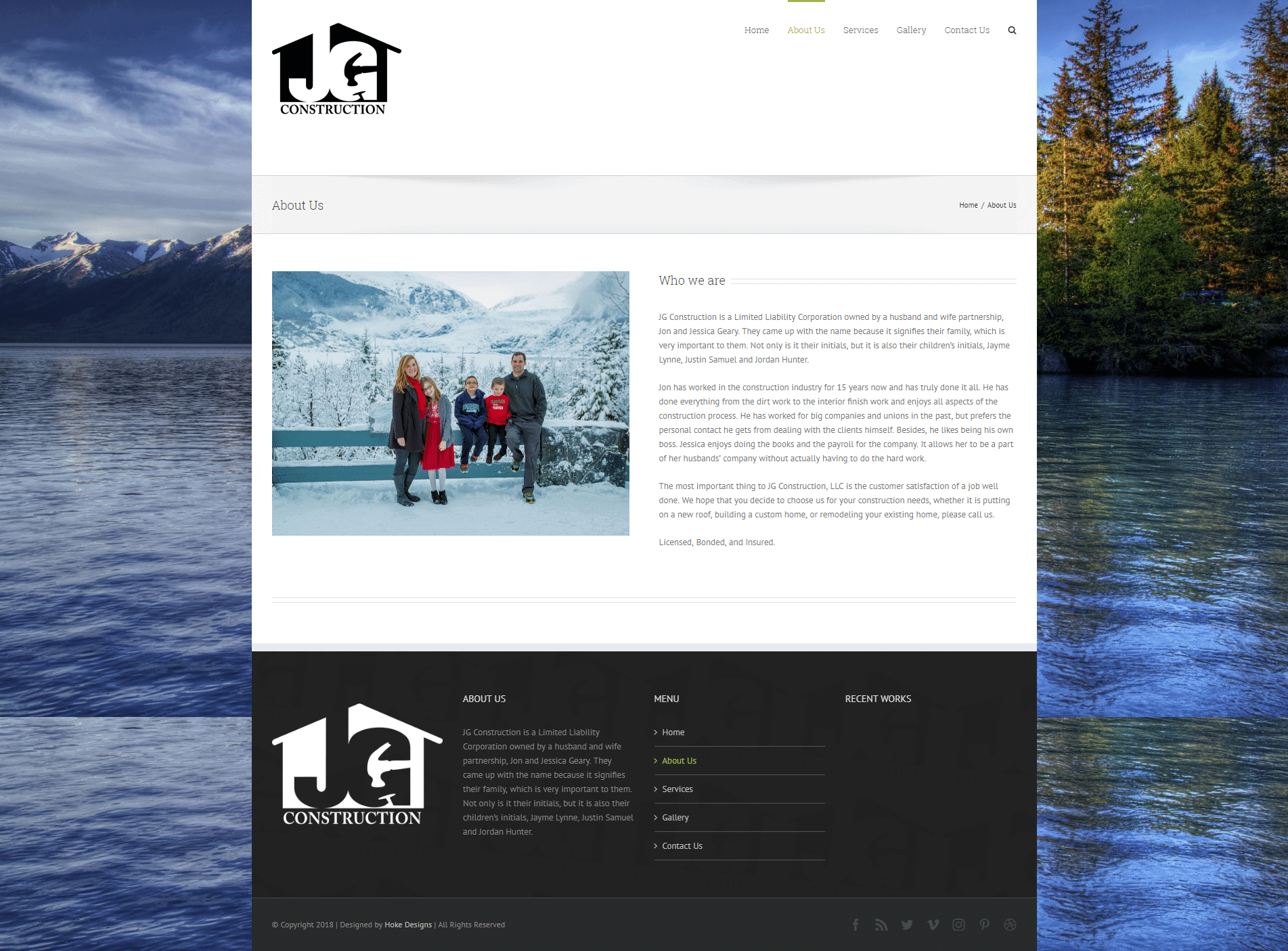 Family of four in winter landscape, snow-covered mountains and icy river behind, construction crew, outdoor work.