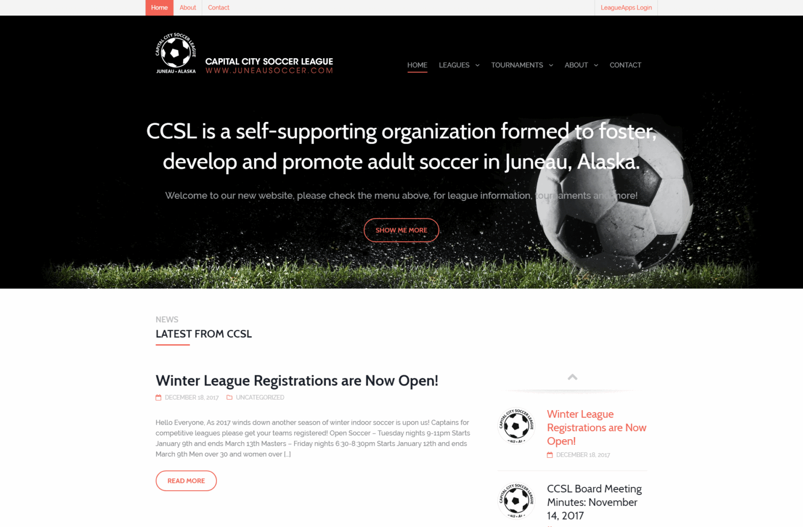 Capital City Soccer League website before