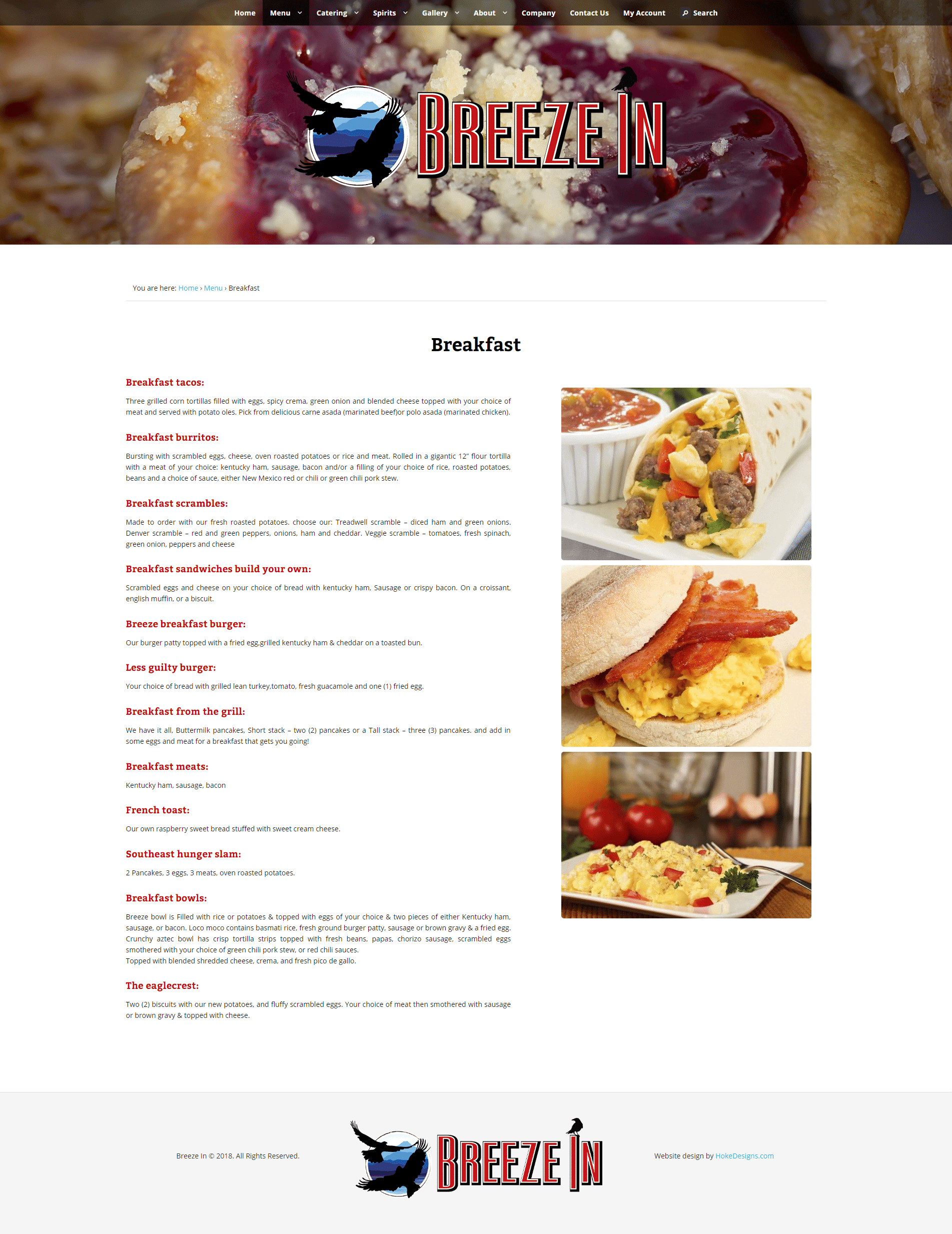 Breakfast menu with local breakfast options and hearty American favorites.