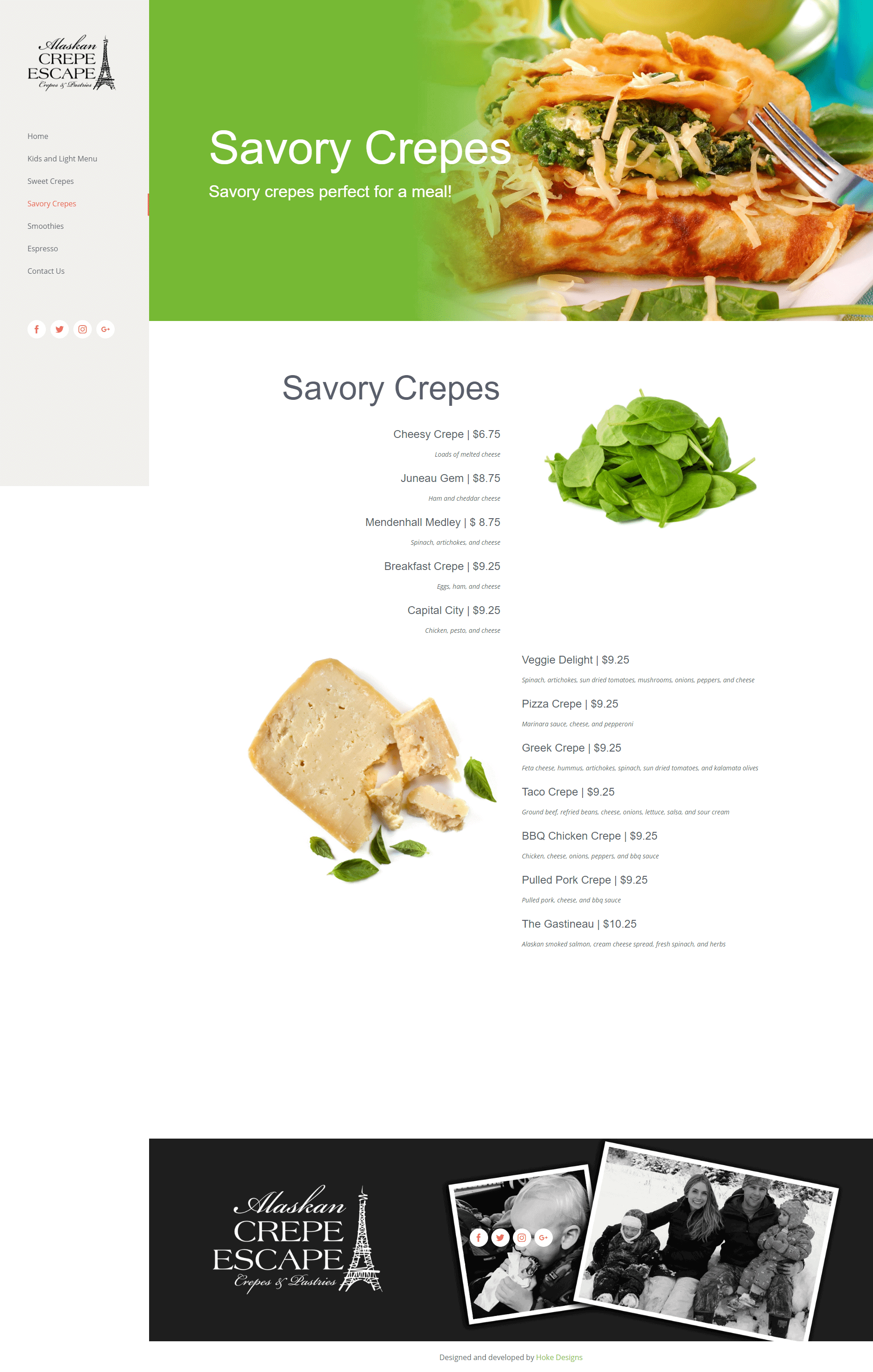 Delicious savory crepes with cheese, spinach, chicken, and more at Alaska Crepe Escape.