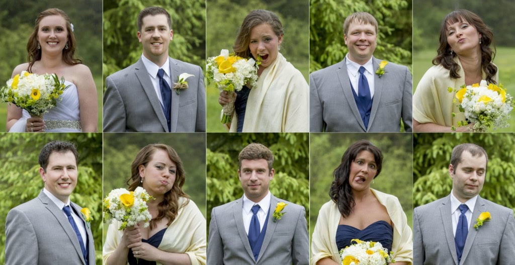 Grid of ten portraits of a bride, bridesmaids and groomsmen with yellow and white bouquets and boutonnieres.