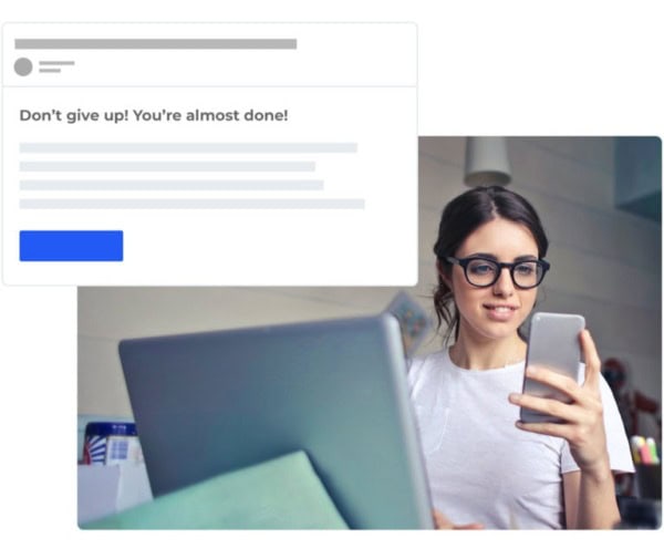 Girl working on laptop and phone, online motivation message, productivity, tech, working from home, Hoke Designs.