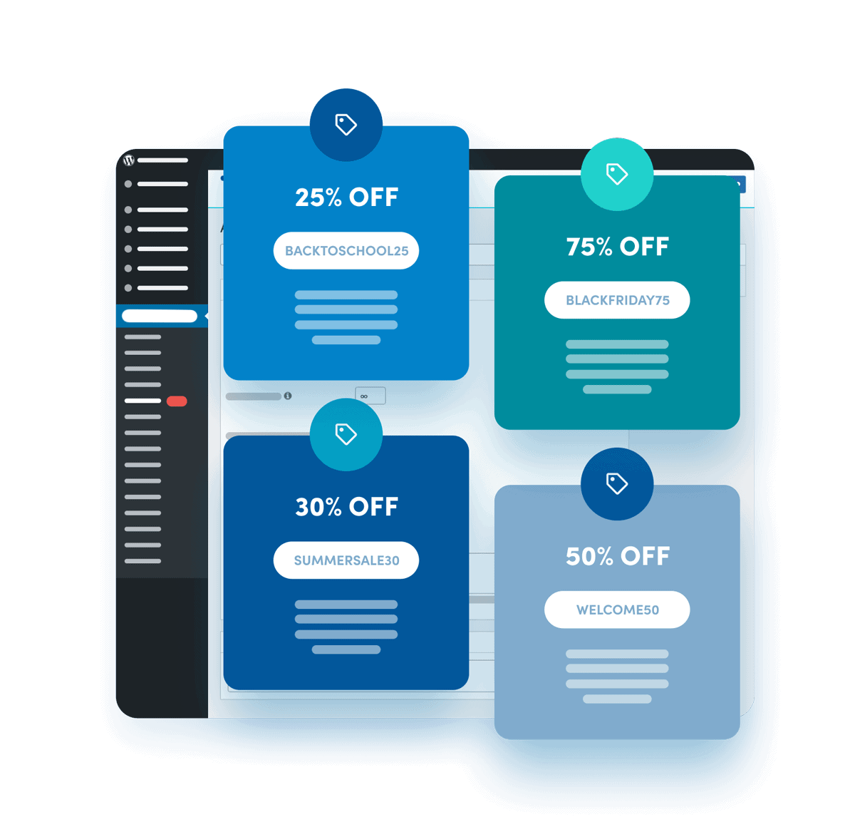 Alternate Text: Digital discount codes for online shopping: 25%, 50%, 75%, and 30% off for sales and promotions.