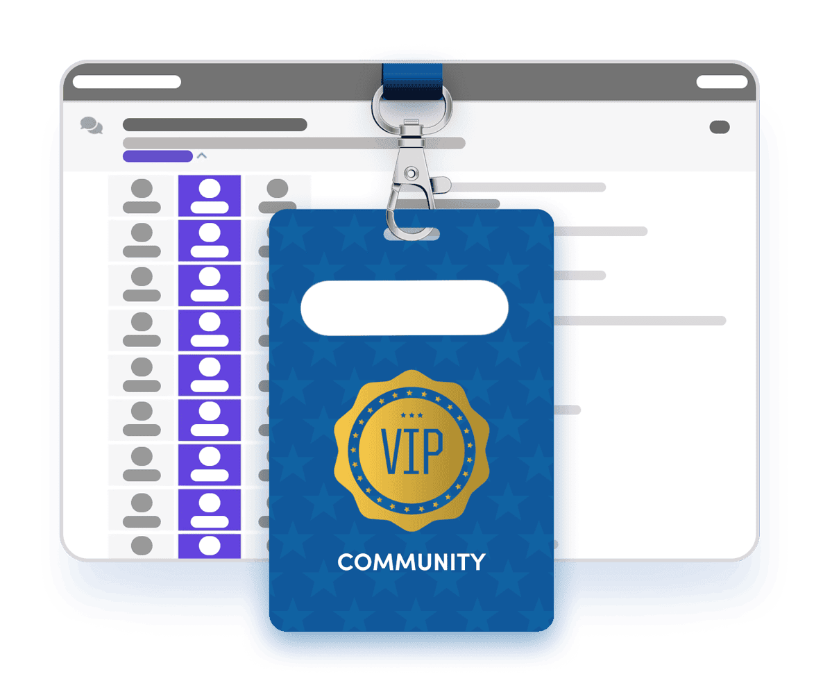 VIP community badge with company logo and online community access.