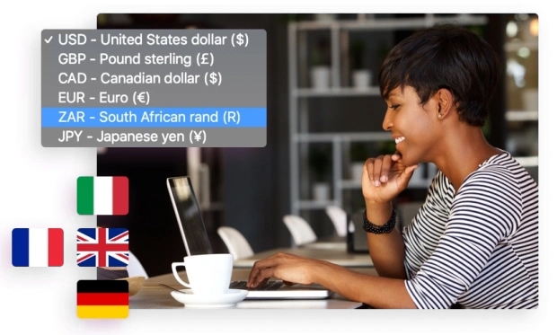 Images of currency exchange and international shopping on Hoke Designs website, showcasing global payment solutions and currency options.