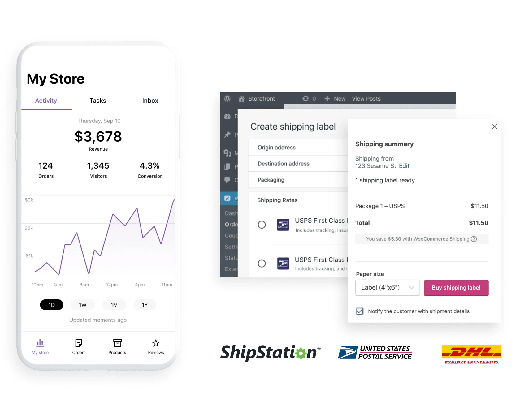 Effortless eCommerce design with ShipStation, USPS, USPS, and DHL shipping options.