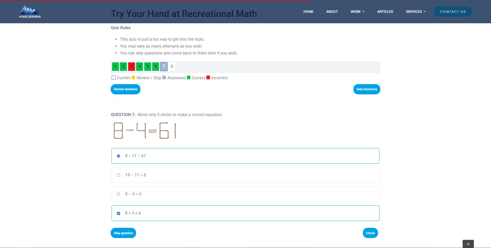 Colorful math quiz for kids on Hoke Designs.