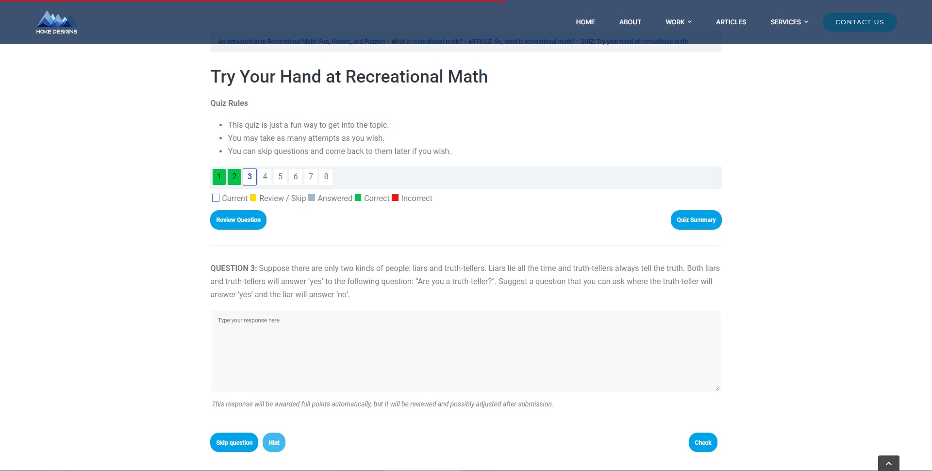 Math quiz interface for recreational learning on Hoke Designs website.