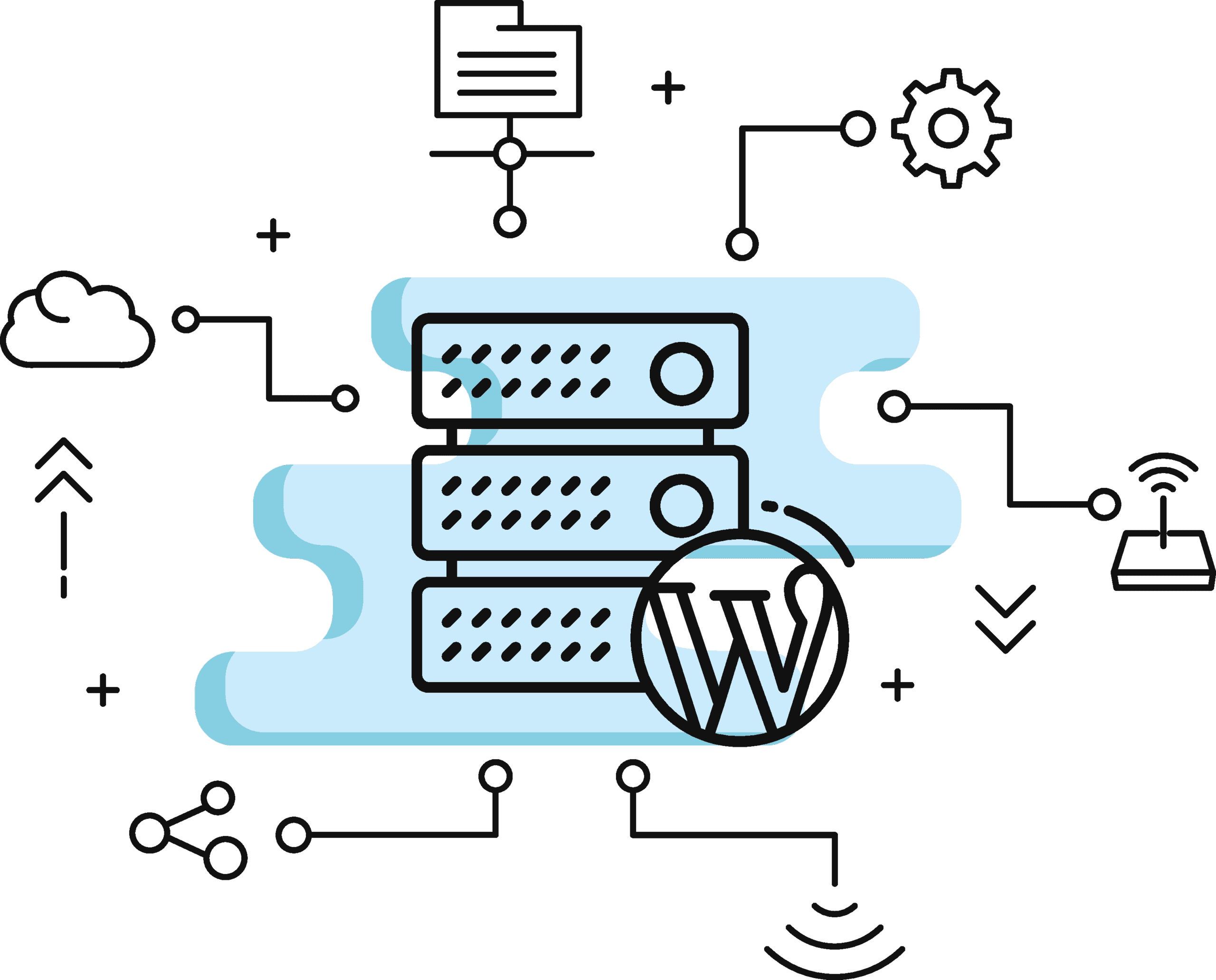 Server rack for data centers with cloud and network icons.