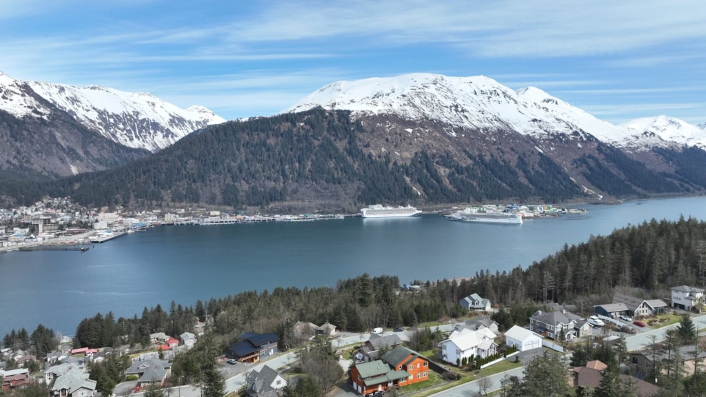 Downtown Juneau and Gastineau Channel seen from a hillside