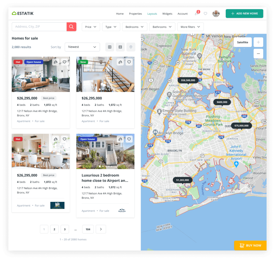 Real estate listings in New York City with photos and prices.