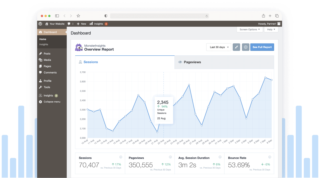 Dashboard analytics screenshot, web design, digital marketing services, traffic stats, reporting tools.