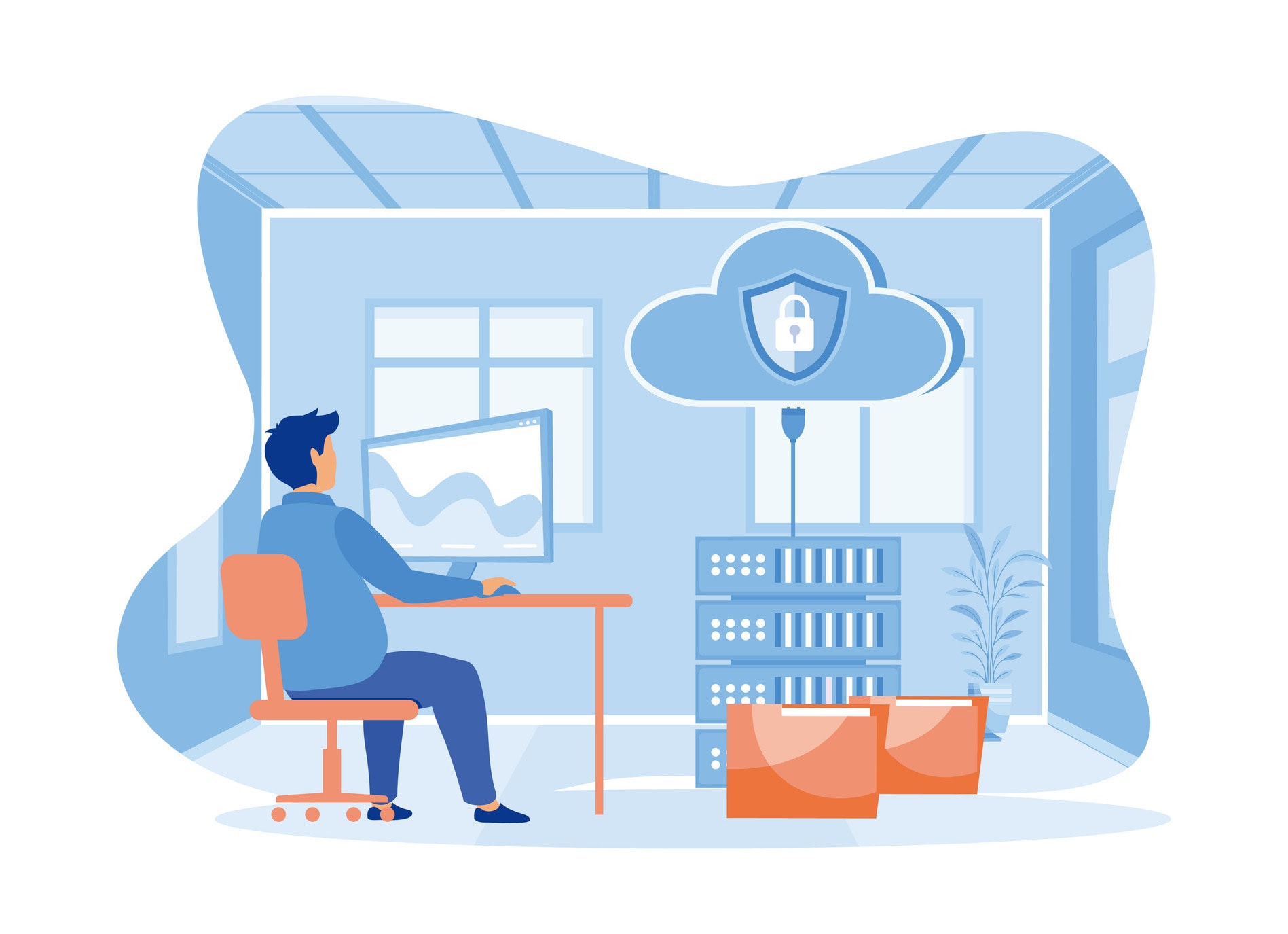 Illustration of a person monitoring cloud security on a computer in an office setting.