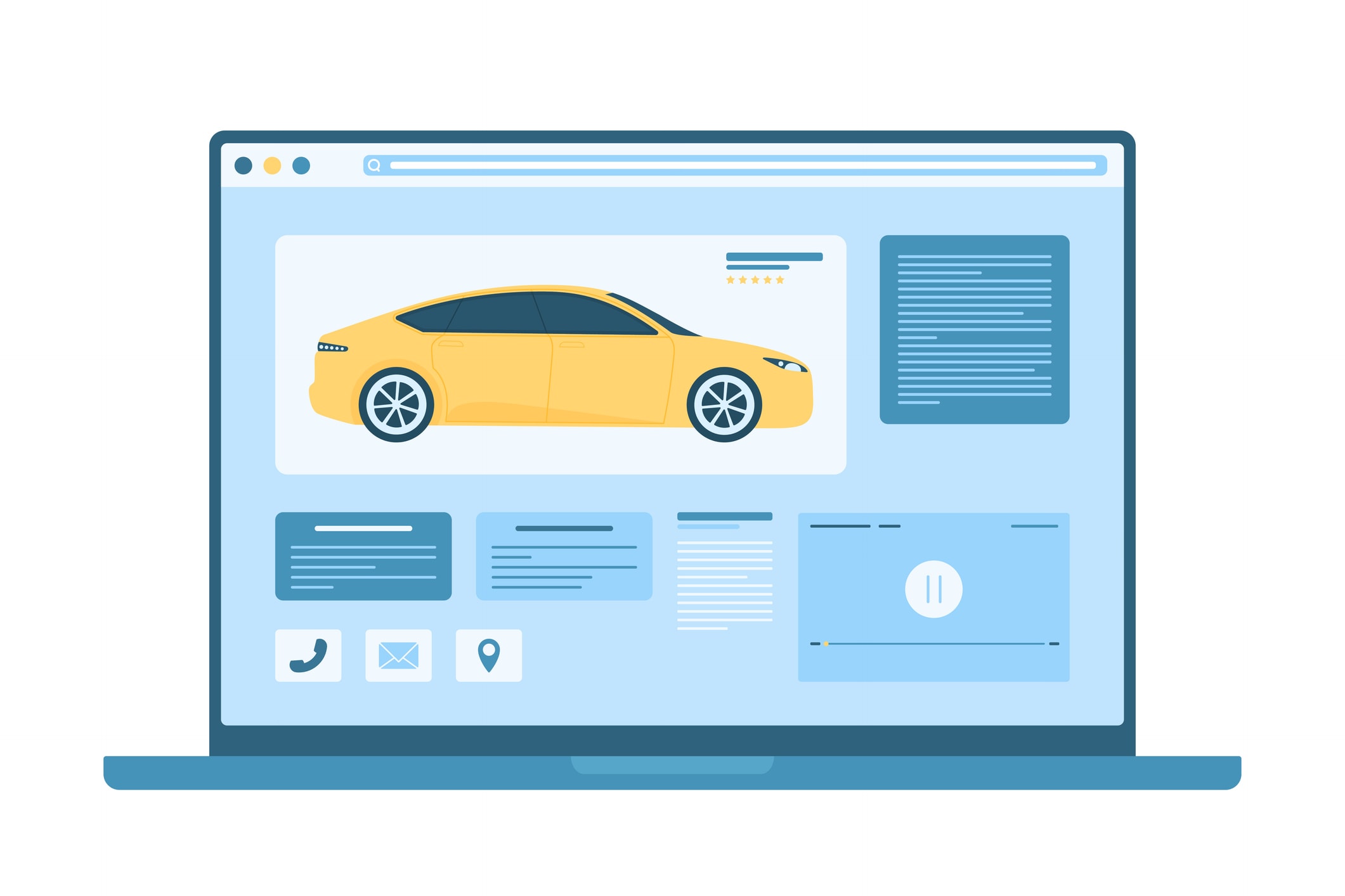 Illustration of a yellow car on a digital webpage for auto sales.