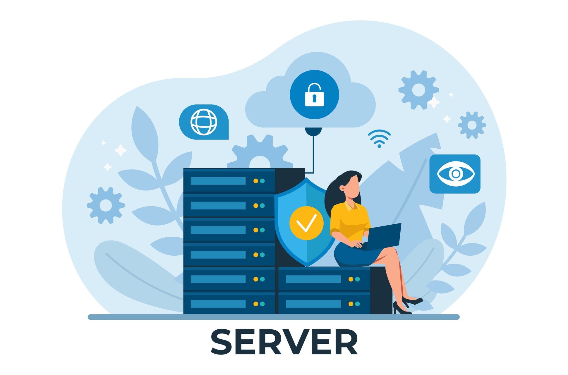 Secure server and data management concept with server racks, cloud security icons, and a woman working on a laptop.