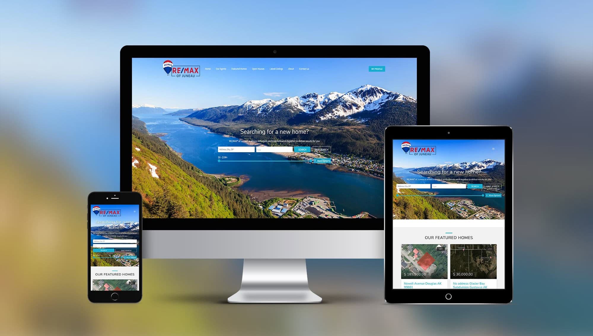 Real estate website on desktop, tablet, and smartphone showcasing property listings and digital marketing services.