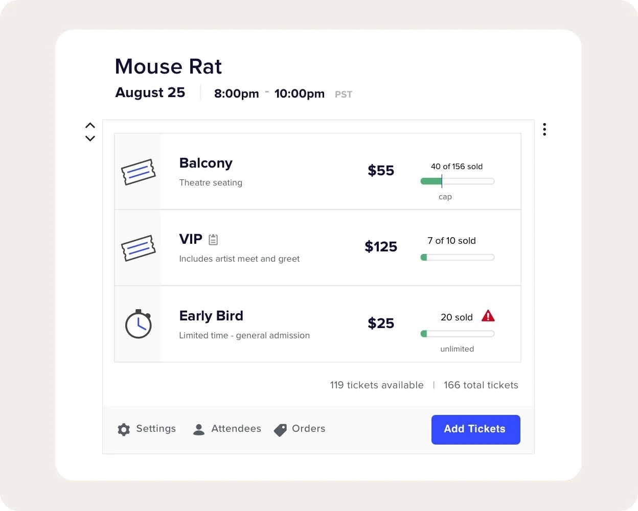 Concert tickets for Mouse Rat band show with seating, VIP, and early bird options.