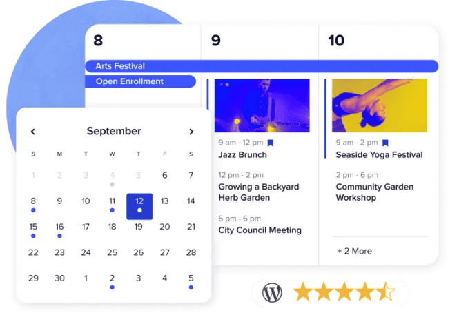 Modern event calendar for arts, yoga, and community events.